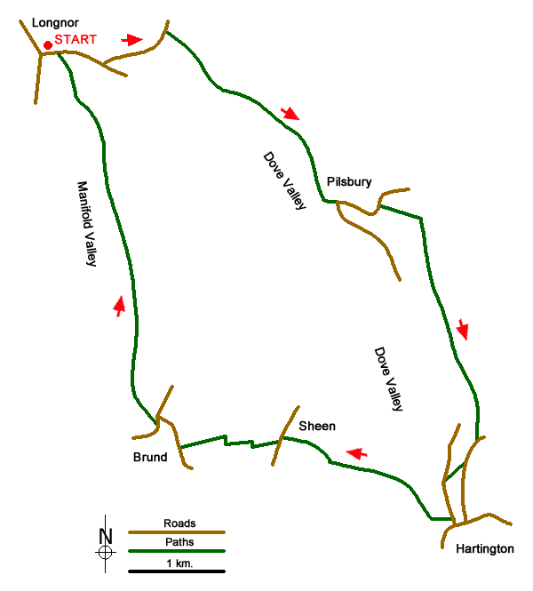 Route Map - Pilsbury Castle, Hartington & Sheen from Longnor
 Walk