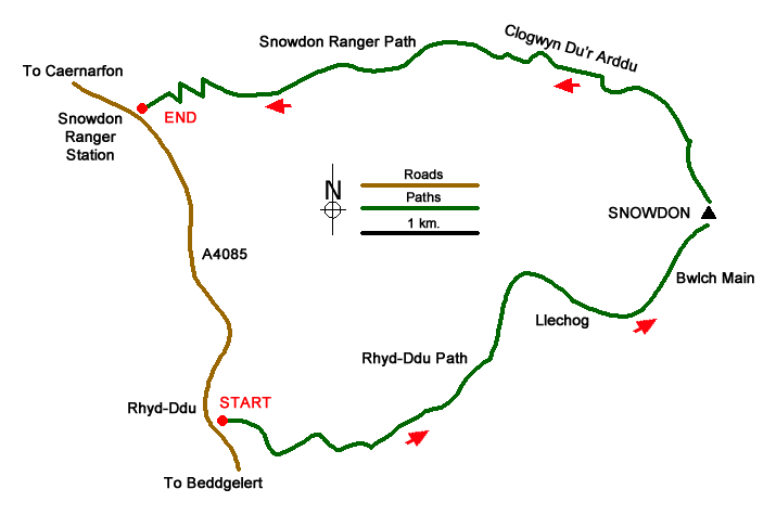 Route Map - Snowdon by Rhyd-Ddu and Snowdon Ranger Paths Walk
