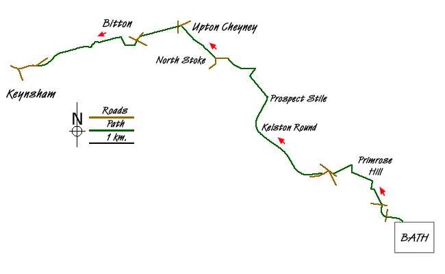 Route Map - Bath to Keynsham over Kelston Round Hill Walk