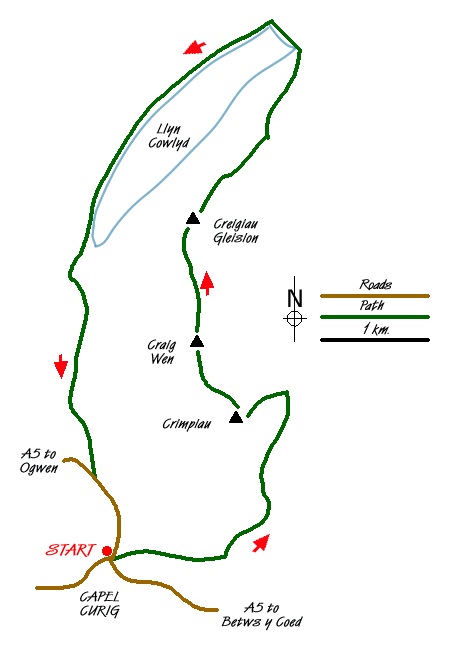 Route Map - Creigiau Gleision & Llyn Cowlyd from Capel Curig Walk