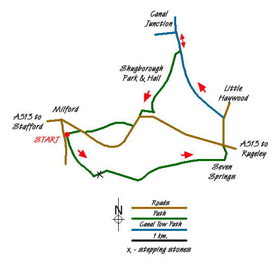 Route Map - Seven Springs, Little Haywood, Shugborough & Milford Walk