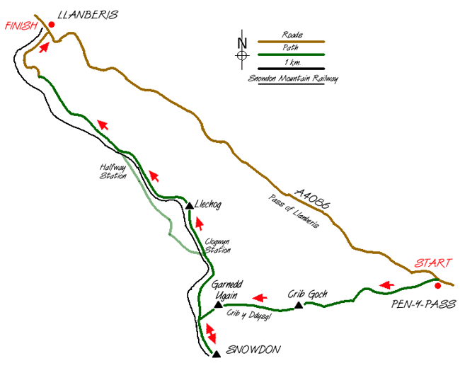 Route Map - Snowdon via Crib Goch from Pen-y-pass Walk