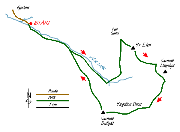 Route Map - Yr Elen & Carnedd Dafydd from Gerlan Walk