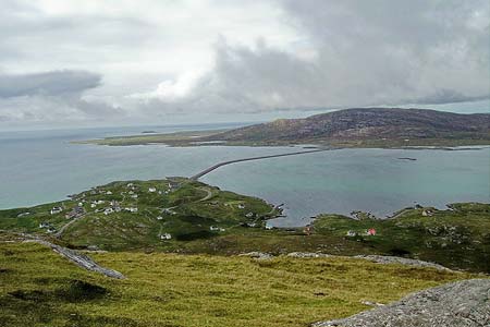 View north from Bienn Scrien showing the causeway to south Uist