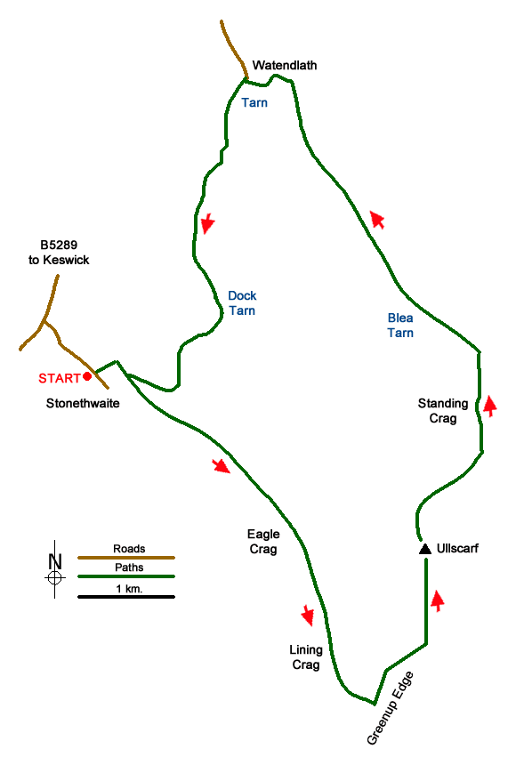Route Map - Ullscarf and Watendlath from Stonethwaite Walk