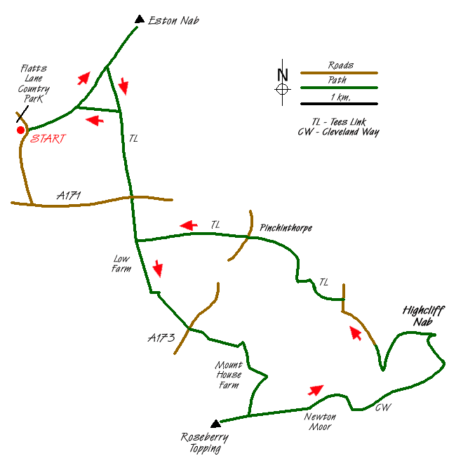Route Map - Roseberry Topping & Highcliff Nab from Eston Walk