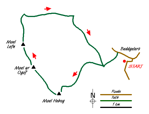Route Map - Moel Hebog, Meol yr Ogof and Moel Lefn from Beddgelert Walk