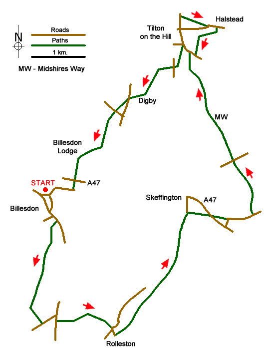 Route Map - Rolleston, Skeffington & Tilton from Billesdon Walk