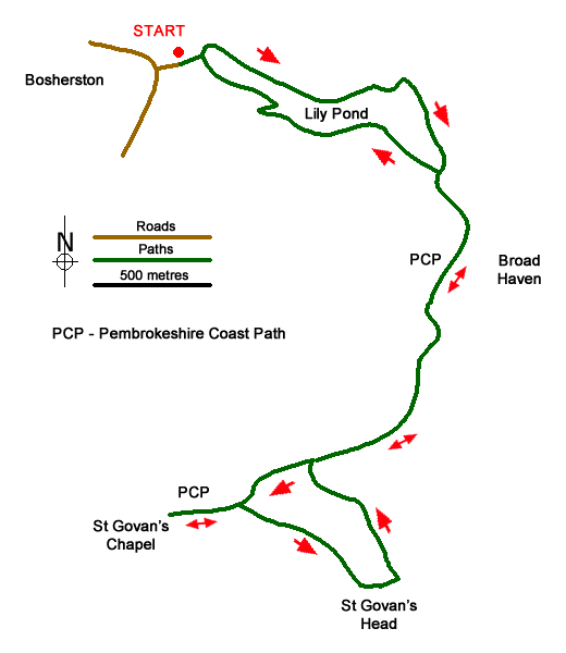 Route Map - Bosherston Lily Ponds, Broad Haven & St. Govan's Chapel Walk