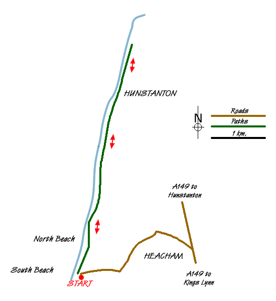 Route Map - Hunstanton from South Beach, Heacham Walk