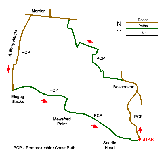 Route Map - St. Govan's Chapel, Bosherston & Elegug Stacks Walk