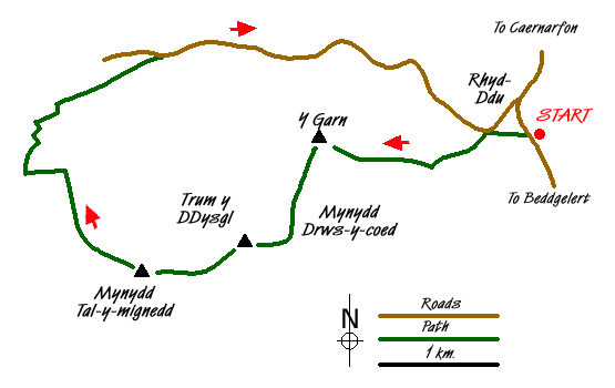 Route Map - Nantlle Ridge from Rhyd Ddu (Route B) Walk