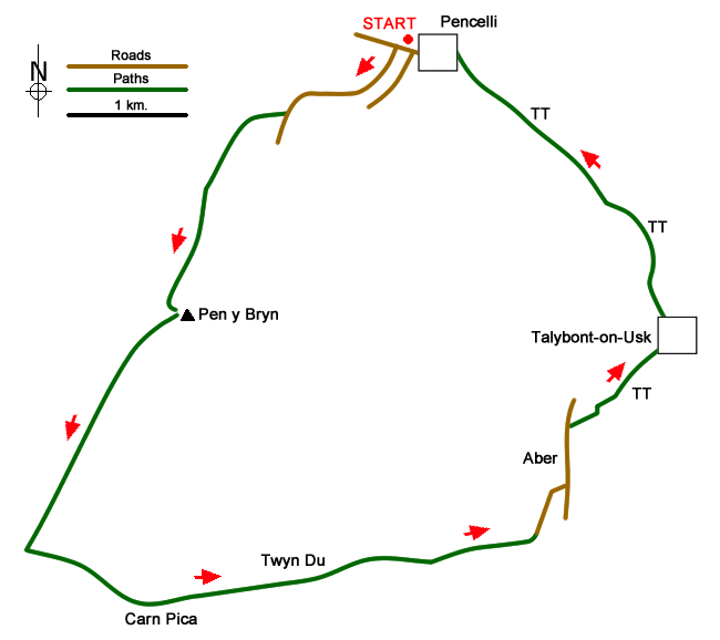 Route Map - Pen y Bryn & Carn Pica from Pencelli Walk