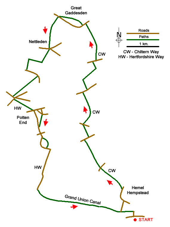 Route Map - Hemel Hempstead, Great Gaddesden, Nettleden & Potten End
 Walk