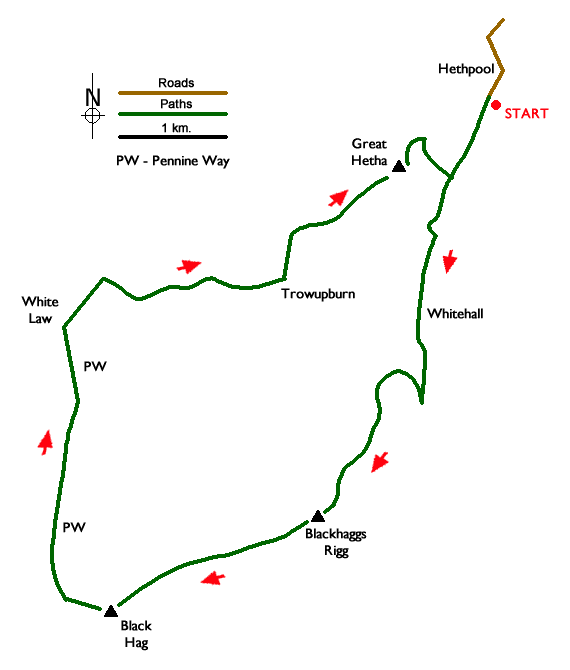 Route Map - Blackhaggs Rigg & Great Hetha from Hethpool Walk