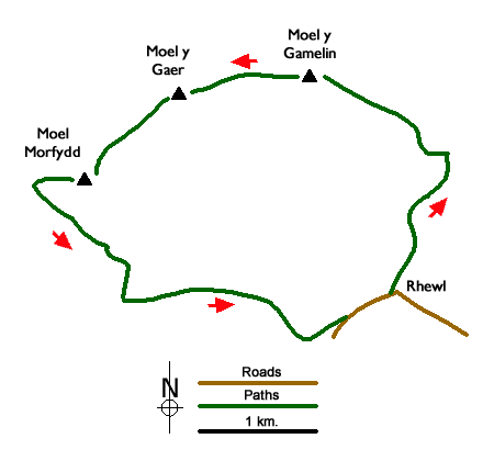 Route Map - Rhewl, Moel y Gamelin & Moel Morfydd Walk