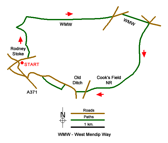 Route Map - West Mendip Way & Old Ditch from Rodney Stoke Walk
